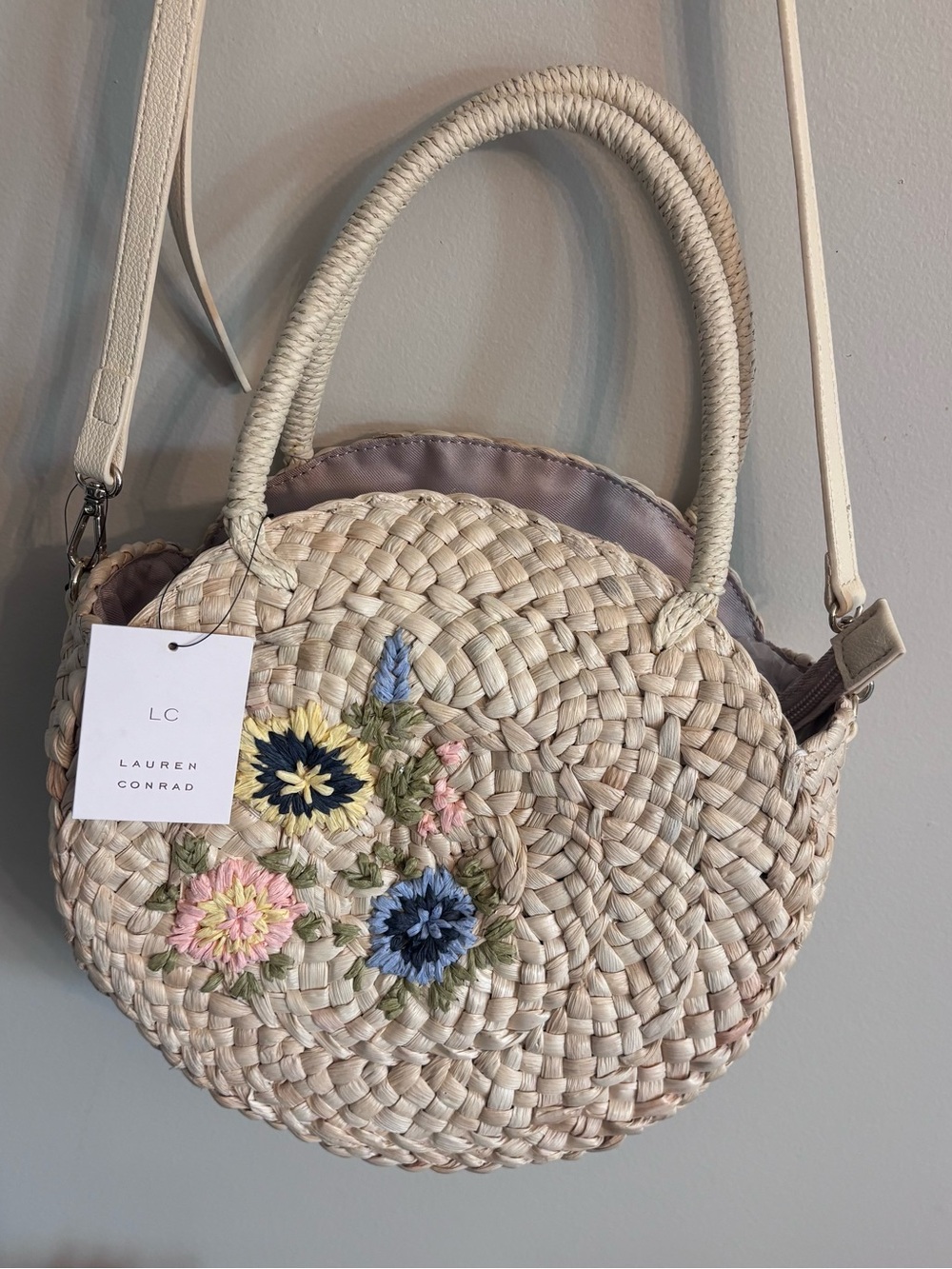 LC Lauren Conrad Cream Woven Round Crossbody with Pastel Floral Embroidery